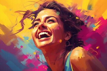 Fototapeta premium laughing Indian girl, female person at the Holi festival, colorful realistic illustration.