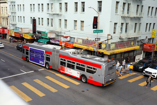 San Francisco, California – October 21, 2023: SFMTA MUNI Bus (San Francisco Municipal Tranportation Agency) in downtown San Francisco