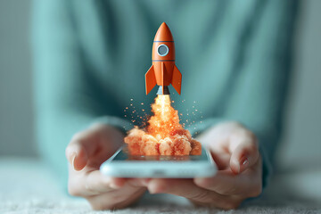 Rocket flying off mobile phone screen concept blue background Generated by AI.