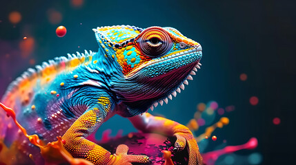 Colorful chameleon on a splash of paint, a novel creativity concept Generated by AI. - obrazy, fototapety, plakaty