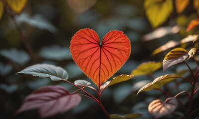 a macro photograph capturing the intricate details of a single red heart-shaped leaf