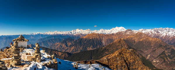 Panoramic view of Himalayas mountains from Chandrashila summit, Chopta. Chandrashila is a peak in...