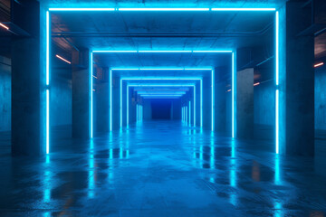Futuristic sci fi blue neon tube lights glowing in concrete room 3D Rendering