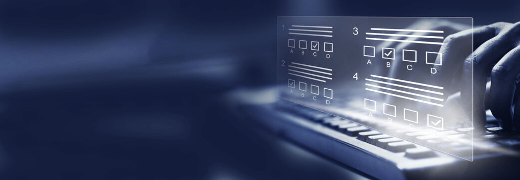  E-learning, education, online exam concept.Choose correct answer. Education internet online digital technology concept.