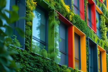 Modern buildings with windows covered in moss, in the style of solarizing master, artificial environments, light green and azure