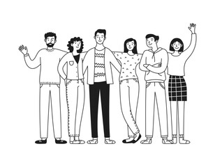 United happy team doodle vector illustration. Support. People diversity, men and women isolated on white background © Olena