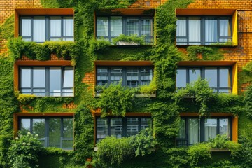 Modern buildings with windows covered in moss, in the style of solarizing master, artificial environments, light green and azure