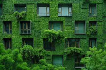 Fototapeta na wymiar Modern buildings with windows covered in moss, in the style of solarizing master, artificial environments, light green and azure