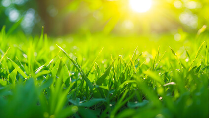 Green grass and sunlight banner background, background of green grass and blurred foliage with strong sunlight