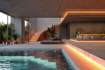 Abstract architectural concrete wood and glass interior of a modern villa on the sea with swimming pool and neon lighting.