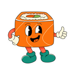 Retro groovy cute sushi character isolated on a white background.