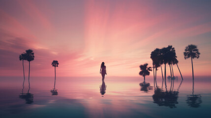 Silhouette of a beautiful woman walking in a dreamy seascape with palms at sunset, mental health, emotional balance, calm, relaxing, wallpaper, background
