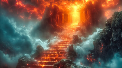 Stairway to the entrance gates of hell and underworld lake of fire. Album art.