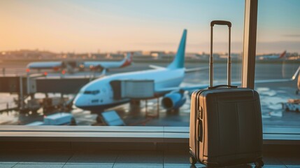 travel suitcases in an airport with airplanes in the background at a sunset in high resolution