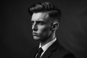 Fototapeta premium Black And White Portrait Features Man In Suit With Classic Haircut