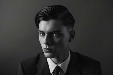 Black And White Portrait Features Man In Suit With Classic Haircut