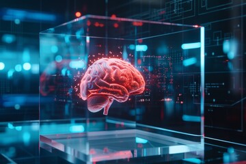 Holographic Display Showcases Human Brain, Representing Neurotechnology. Сoncept Virtual Reality Gaming, Space Exploration, Sustainable Fashion, Healthy Recipes