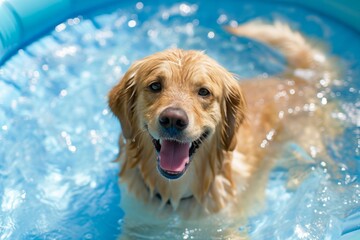 Joyous Canine Enjoys Refreshing Dip In Inflatable Pool. Сoncept Pet Summer Safety Tips, Homemade Frozen Treats For Pets, Outdoor Games For Dogs, Hiking With Your Canine Companion