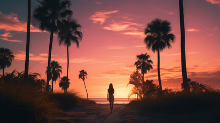 Silhouette of a beautiful woman walking in a dreamy seascape with palms at sunset, mental health, emotional balance, calm, relaxing, wallpaper, background
