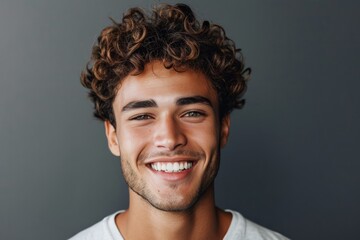 Obraz premium Smiling Young Man On Gray Background Showcases His Bright White Teeth