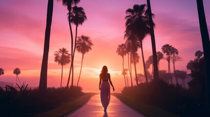 Silhouette of a beautiful woman walking in a dreamy seascape with palms at sunset, mental health, emotional balance, calm, relaxing, wallpaper, background
