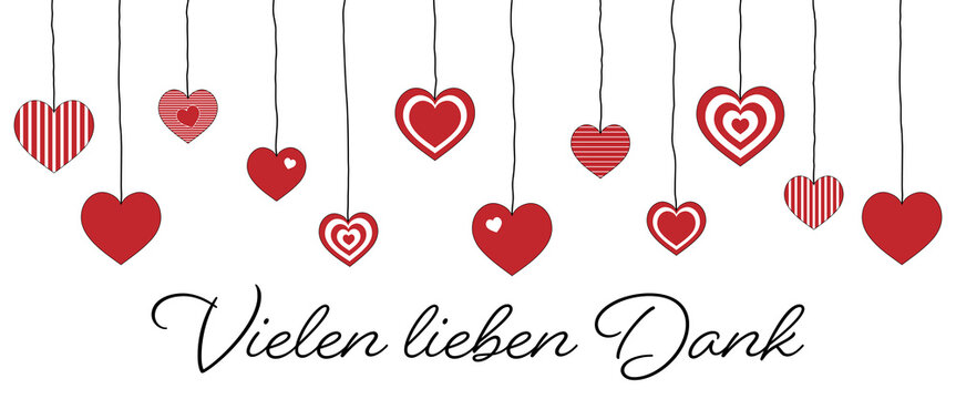 Vielen lieben Dank - Schriftzug in deutscher Sprache. Dankeskarte mit h&auml;ngenden Herzen.