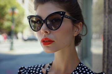 Fototapeta na wymiar Cateye Sunglasses Complement Woman In Polka Dot Dress