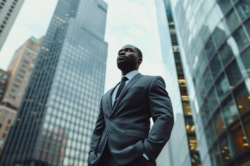 Fototapeta na wymiar Confident Africanamerican Businessman Among City Skyscrapers, Symbolizing Success And Determination In Finance