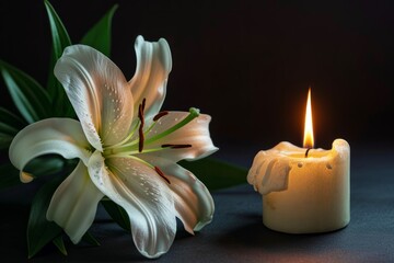 Elegant Lily And Flickering Candle On Dark Backdrop, Suitable For Mournful Occasions. Сoncept Elegant Lily, Flickering Candle, Dark Backdrop, Mournful Occasions