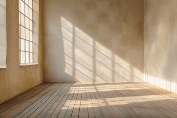 Empty Room With Natural Light, Earthy Color Background, Diffuse Shadows, Wooden Materials