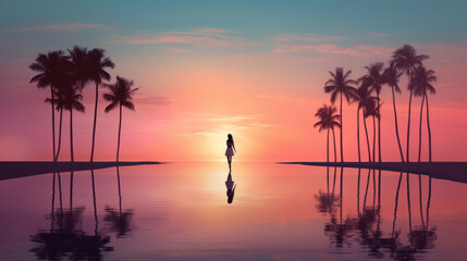 Fototapeta na wymiar Silhouette of a beautiful woman walking in a dreamy seascape with palms at sunset, mental health, emotional balance, calm, relaxing, wallpaper, background 