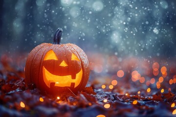 Fototapeta premium Enchanting Halloween Scene Pumpkin On Bokeh Backdrop Invites Celebration With Copy Space