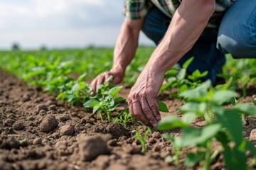 Farmer Inspecting Soybean Seedlings In The Field, Representing Agriculture And Growth