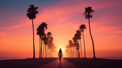 Silhouette of a beautiful woman walking in a dreamy seascape with palms at sunset, mental health, emotional balance, calm, relaxing, wallpaper, background
