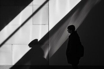 Highcontrast Shadows Cast By Person Or Object Adorn Wall. Сoncept Abstract Art, Dramatic Lighting, Shadow Play, Wall Decor
