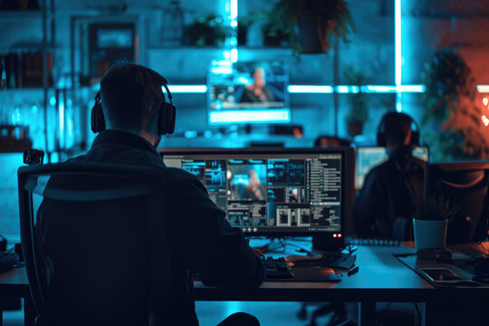 A dark, neon-lit room functioning as a scam call center hideout, with operators at computer stations.
