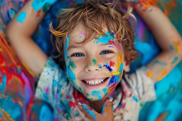 Joyful Child Covered In Colorful Paint, Radiating Pure Happiness And Creativity. Сoncept Candid Moments, Natural Beauty, Adventure Awaits, Stunning Landscapes
