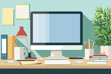 A neatly arranged home office setup with a modern computer, desk lamp, stationery, and a potted plant, providing a comfortable workspace environment.
