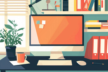 A neatly arranged home office setup with a modern computer, stationery, and a potted plant, providing a comfortable workspace environment.