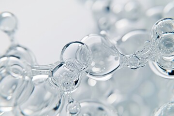 Macro Shot Of Clear Liquid Bubbles Resembling Molecular Structures On White Background