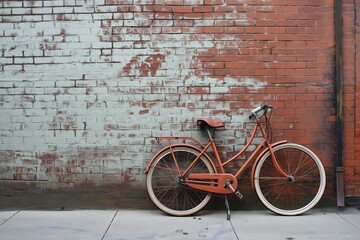Fototapeta na wymiar Leaning Against Brick Wall, Vintage Bicycle Adds Touch Of Nostalgia