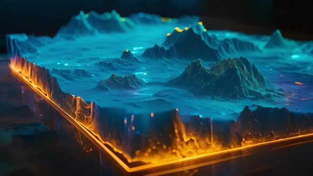 A holographic map of the ocean floor displaying various depths and geological features that scientists are studying and documenting.
