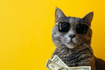 Wealthy Feline With Shades Flaunts Cash Against Vibrant Yellow Backdrop