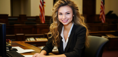 portrait of Court Clerk. Perform clerical duties in court of law; prepare docket of cases to be called; secure information for judges; contact witnesses, attorneys, litigants to obtain information - obrazy, fototapety, plakaty