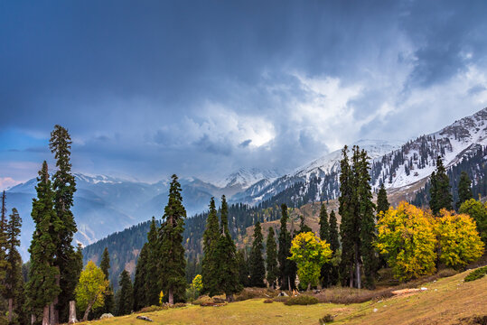 Serene Landscape of majestic Pir Panjal mountain range of Himalayas in kashmir valley from Koongdoori view point in Gulmarg hill station, Baramula, India.