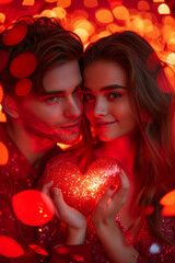 Happy young couple with heart-shaped on color background. Valentine's Day concept