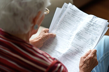 Naklejka premium An elderly gray-haired woman with glasses looks at bills while sitting on the sofa at home.