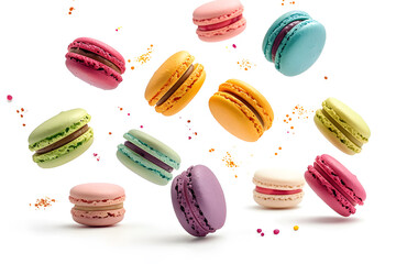 Colorful macaroons or french macarons levitating  on white background