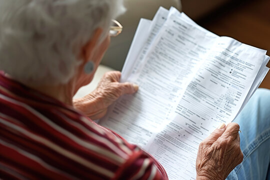An elderly gray-haired woman with glasses looks at bills while sitting on the sofa at home.