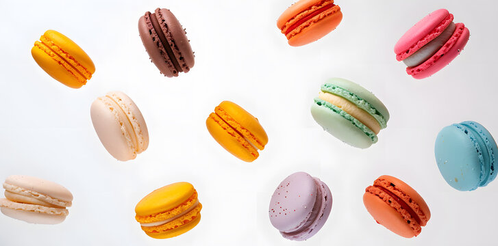 Colorful macaroons or french macarons levitating  on white background